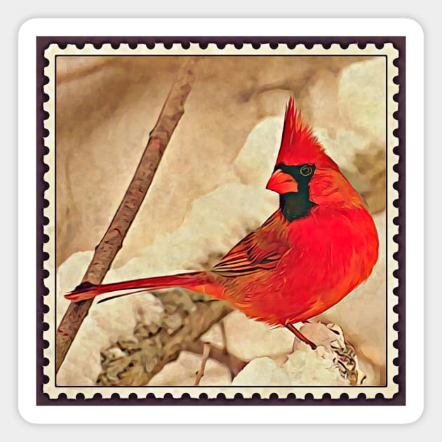 Cardinal Postage Stamp Magnet by Alpenglow Workshop